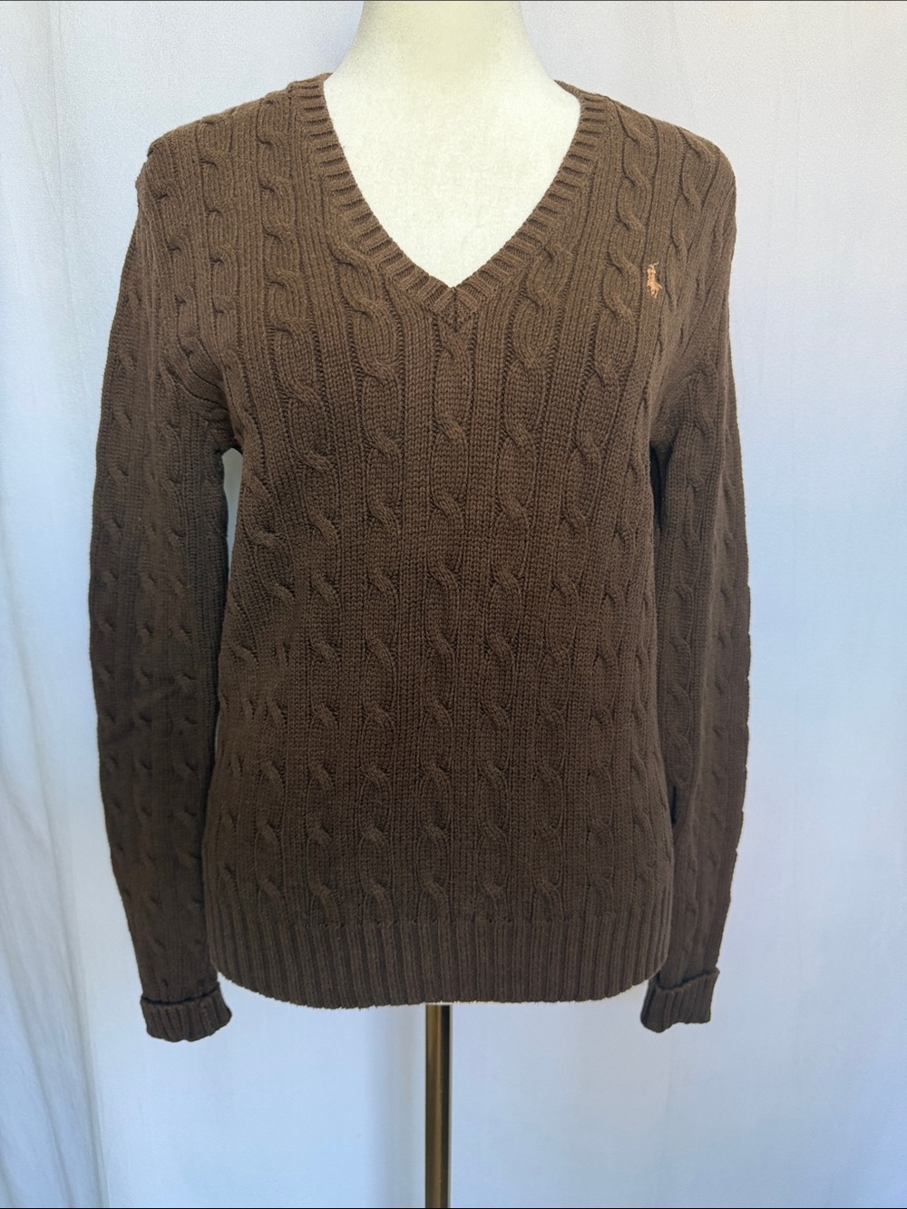 VTG Ralph Lauren Sport Chocolate Brown Cable-Knit V-Neck Sweater Size L Pony - Picture 2 of 12